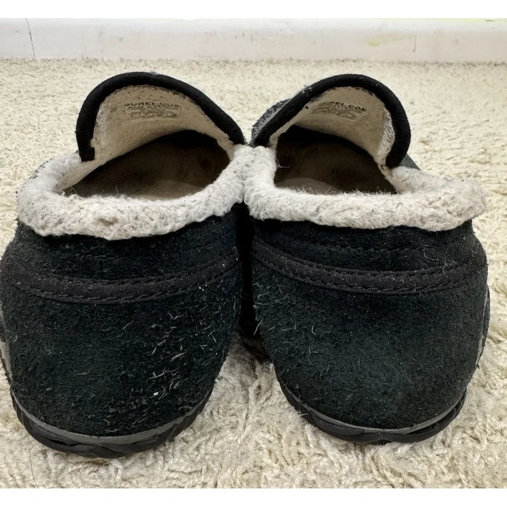 Sorel Mens Dude Moc Black Suede And Tweed Sherpa Lined Slippers Size 8 Warm Home